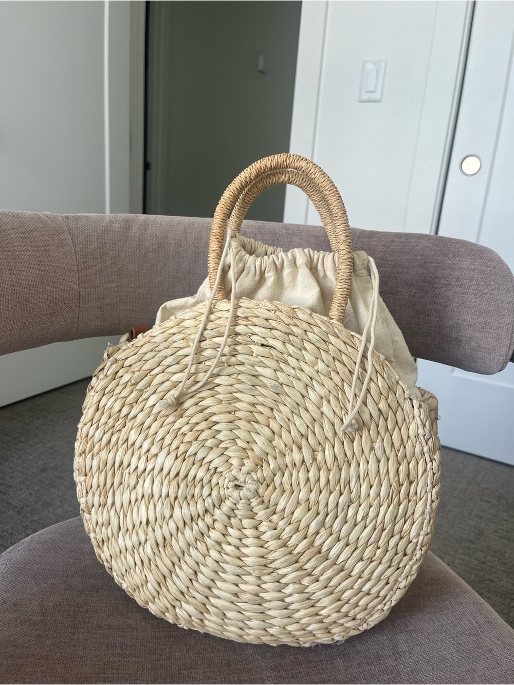 Straw Round Tote with Pink Embroidered Flamingo - Picture 3 of 5